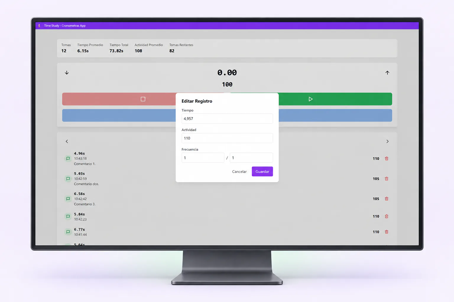Edición avanzada de registros de tiempo en software de cronometraje industrial CRONOMETRAS