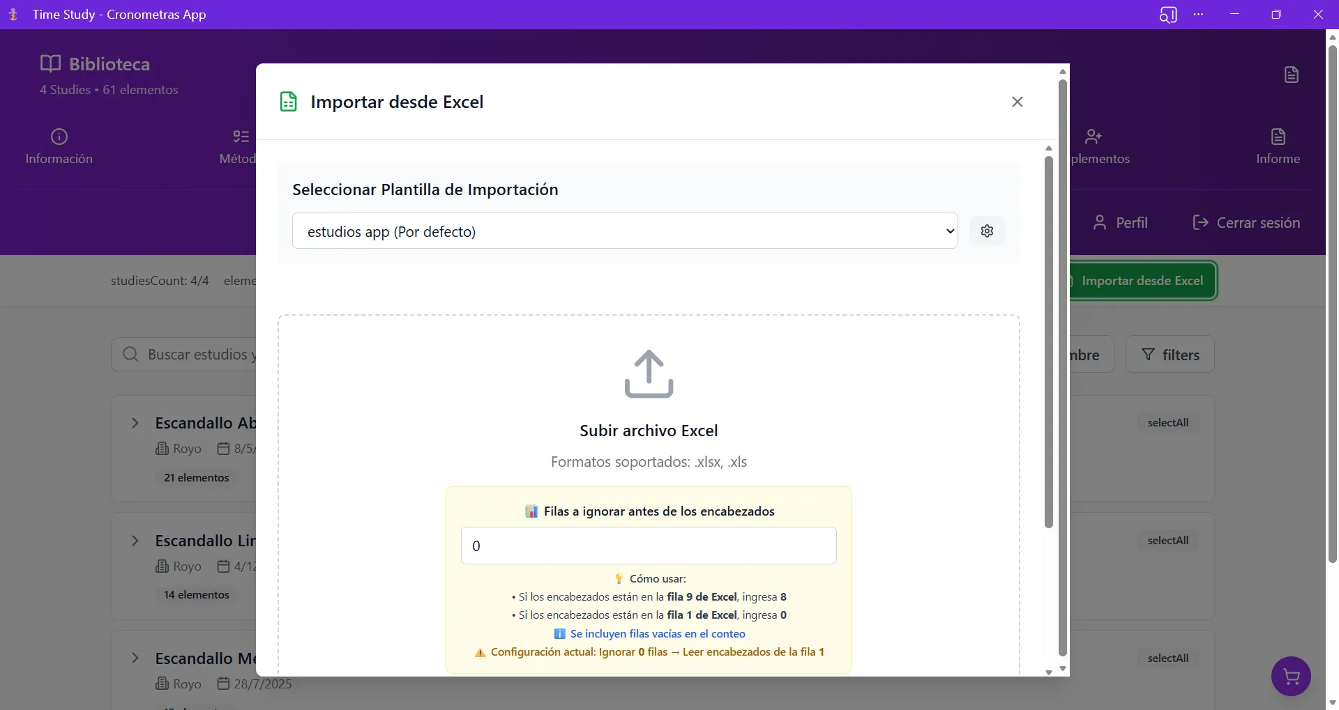 Importación desde Excel con conversión de unidades en CRONOMETRAS