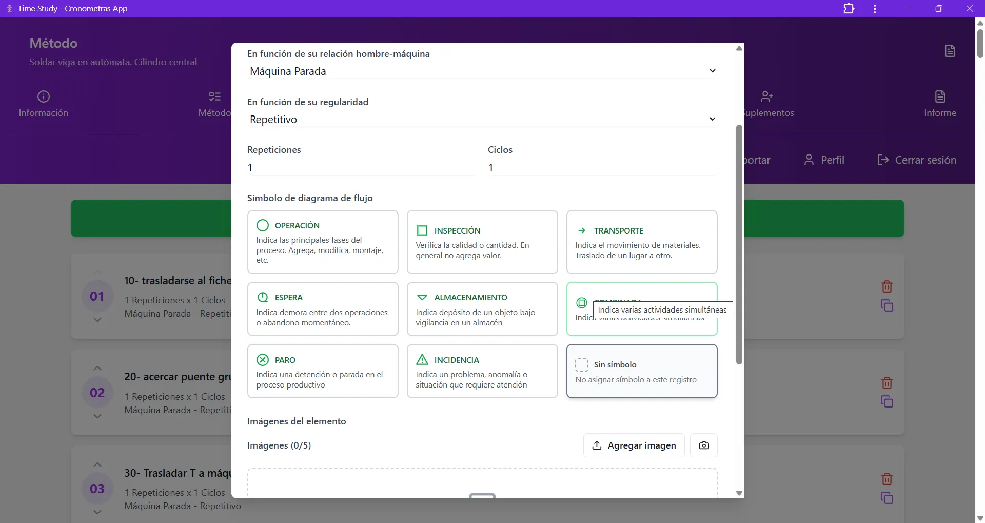 Selección de símbolo ASME para diagrama de flujo en CRONOMETRAS