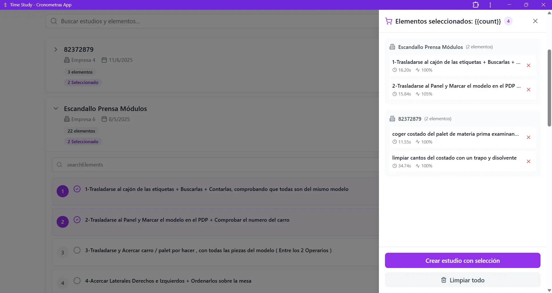 Vista expansiva y selección de elementos en biblioteca de CRONOMETRAS