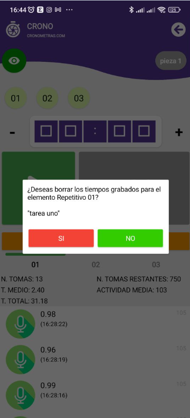 Eliminar todos los tiempos guardados de un elemento de nuestro ciclo de trabajo